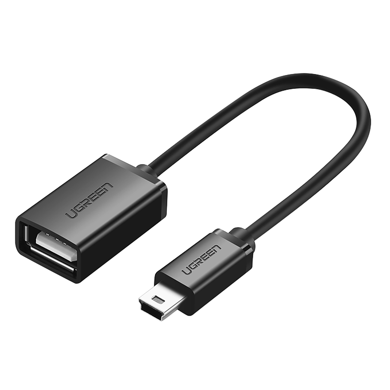 Adaptor Ugreen US249 10383 cu mini USB-B (mascul) / USB-A ( mamă) conectori OTG de 10 cm lungime pe fundal alb